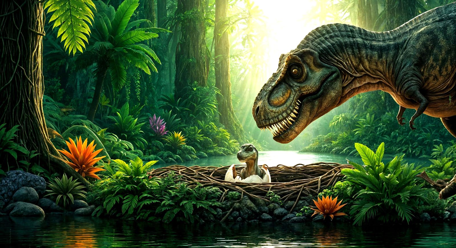 Baby T-Rex Hatching in Prehistoric Forest, 3D Render