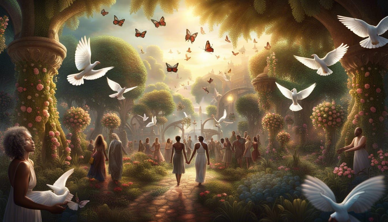 Detailed Garden of Eden with Diverse People