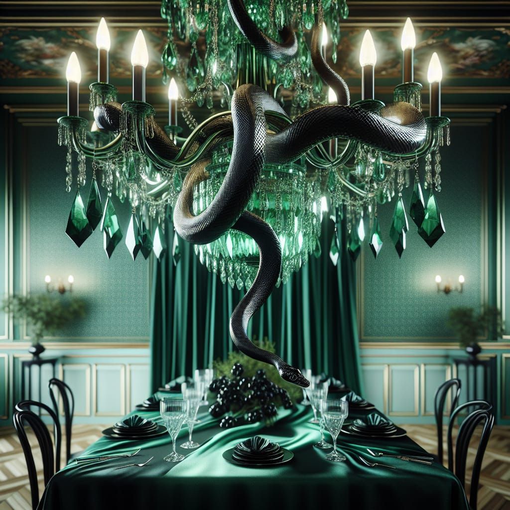 Black Snake in Emerald Chandelier: Hyperrealistic Image