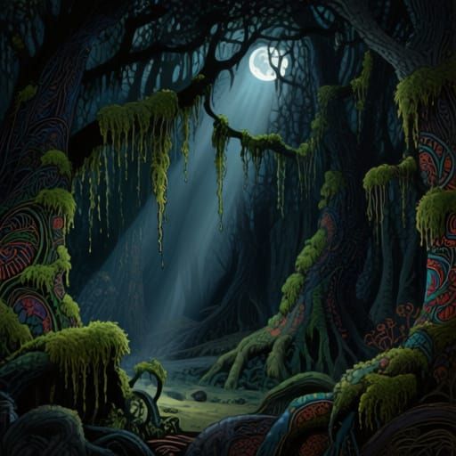 Paranoiac forest primeval, dark shadows, hanging moss, folk ...