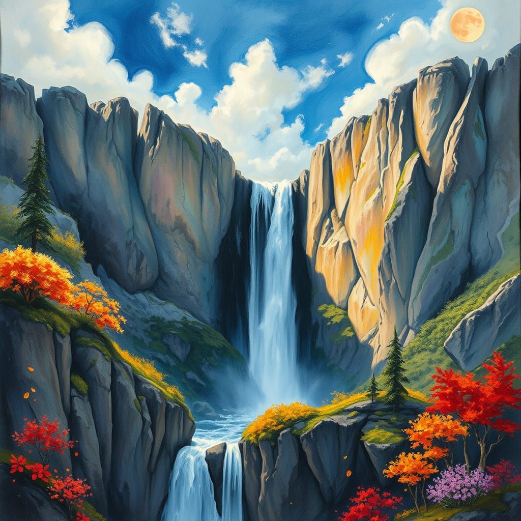 Ethereal Waterfall in Dreamlike Gouache Landscape