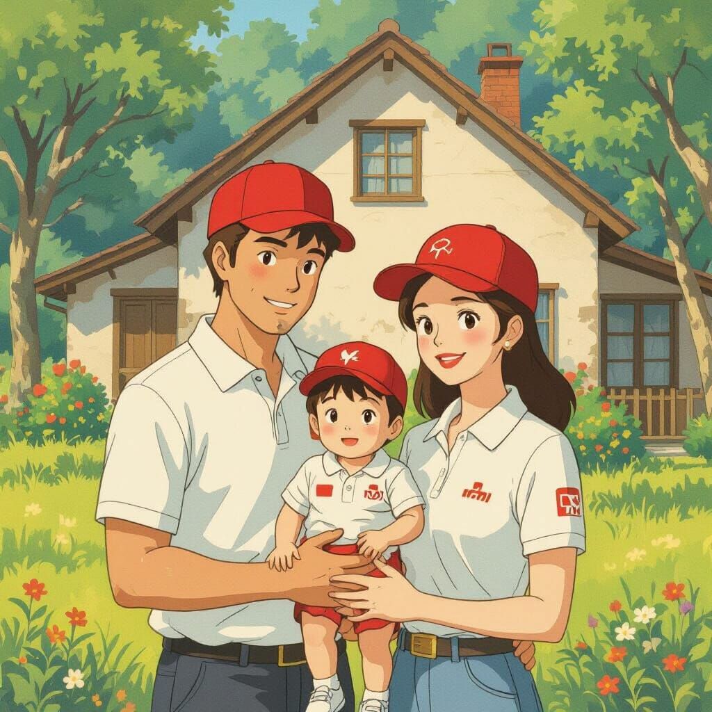 Family in Countryside: Studio Ghibli-Style Illustration