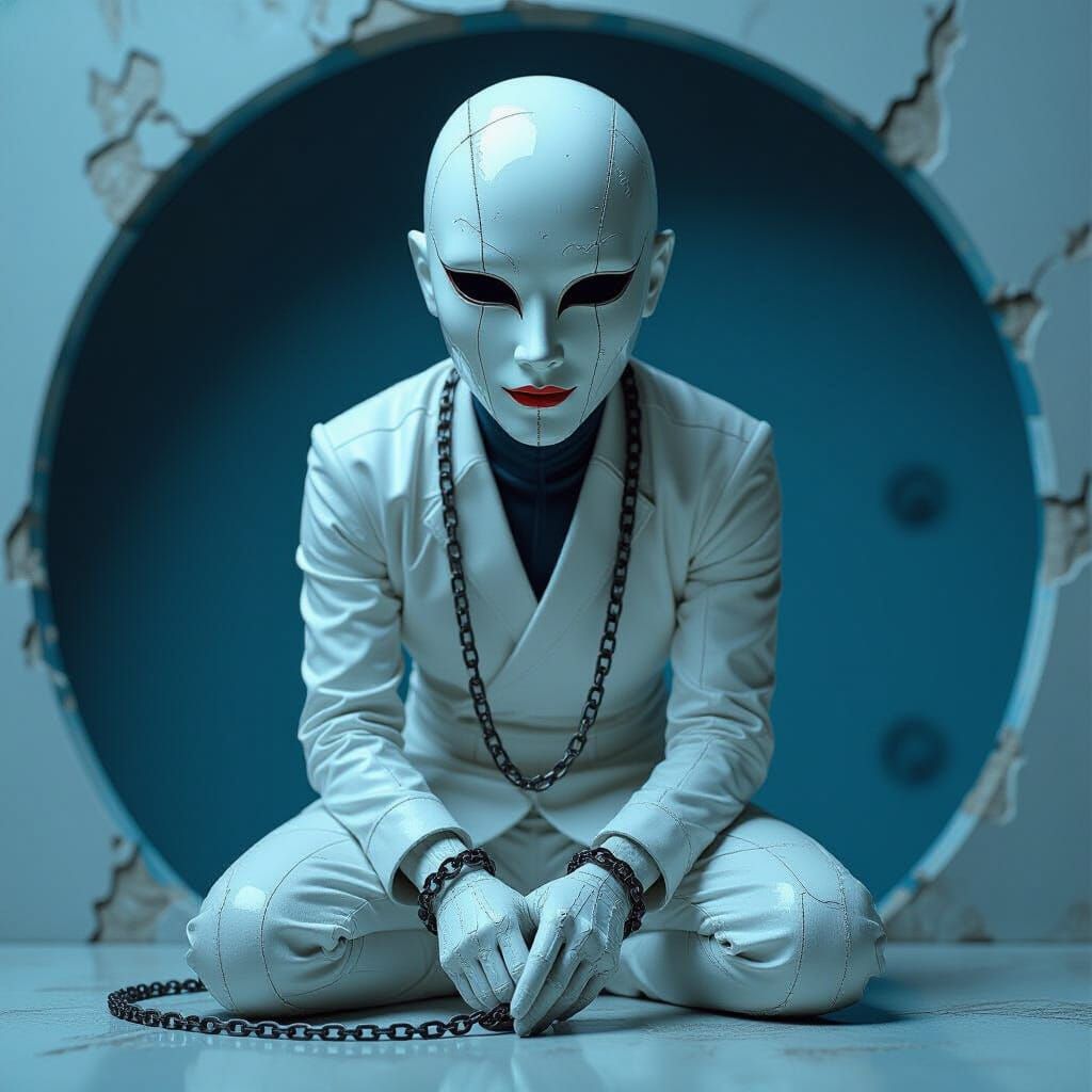 Figure in Cracked Mask: Surreal Biomechanical Art