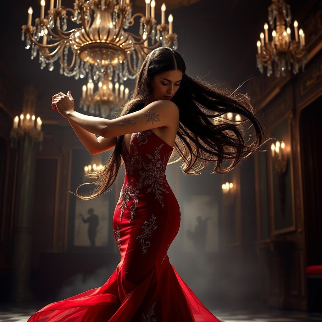 Dramatic Tango Dancer in Crimson Gown
