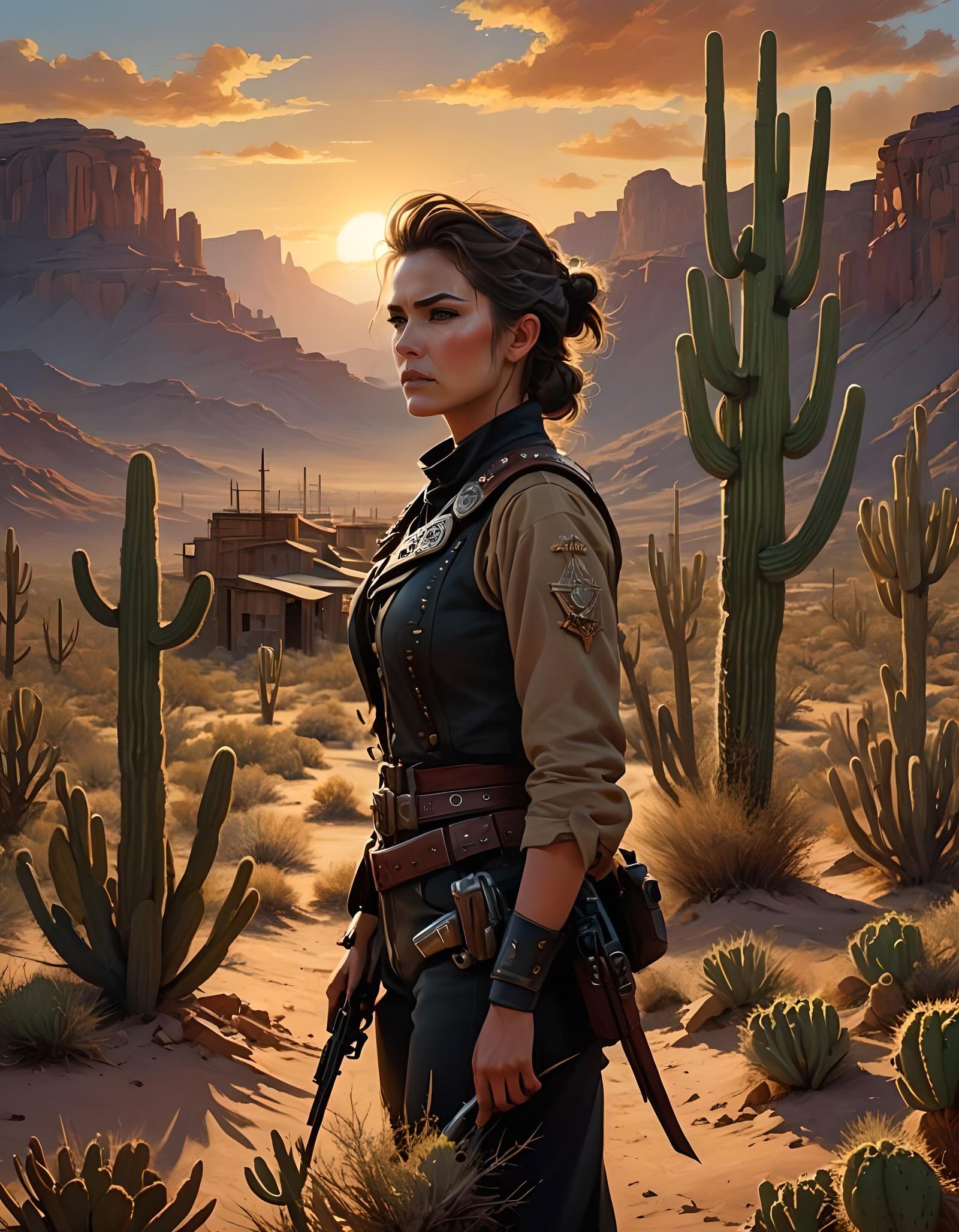 Fierce Gunslinger Portrait in Desert Sunset