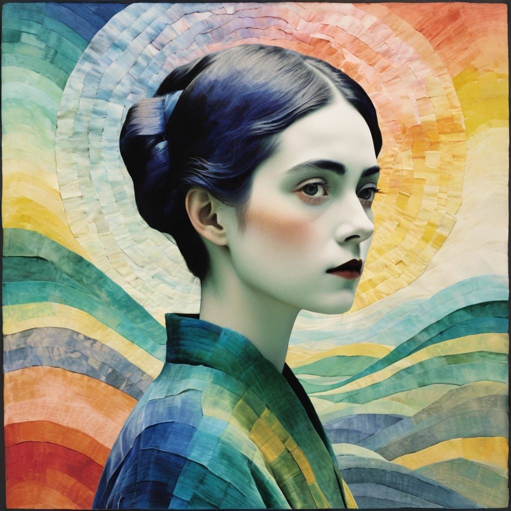 Woman in Layered Pastel Landscape