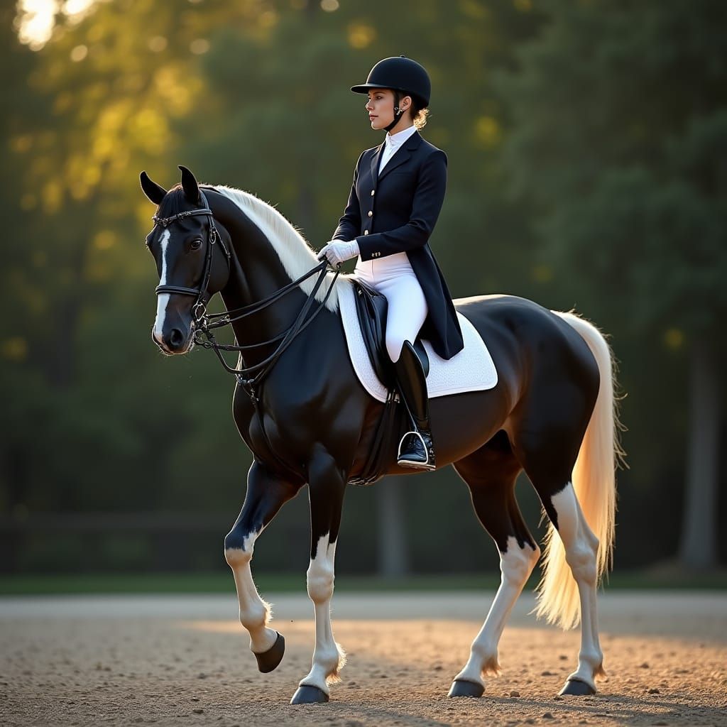 Black and white paint horse dressage horse