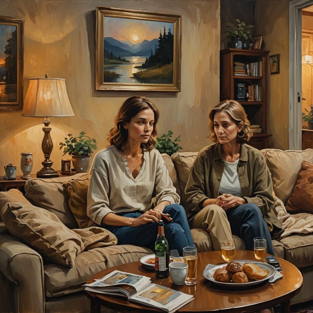Cozy Evening: Intimist Oil Painting of Couple Watching TV