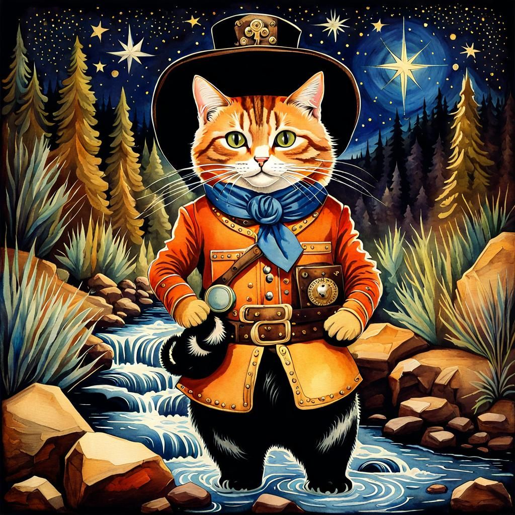 Anthropomorphic Cat Gold Miner in Whimsical Watercolor Style