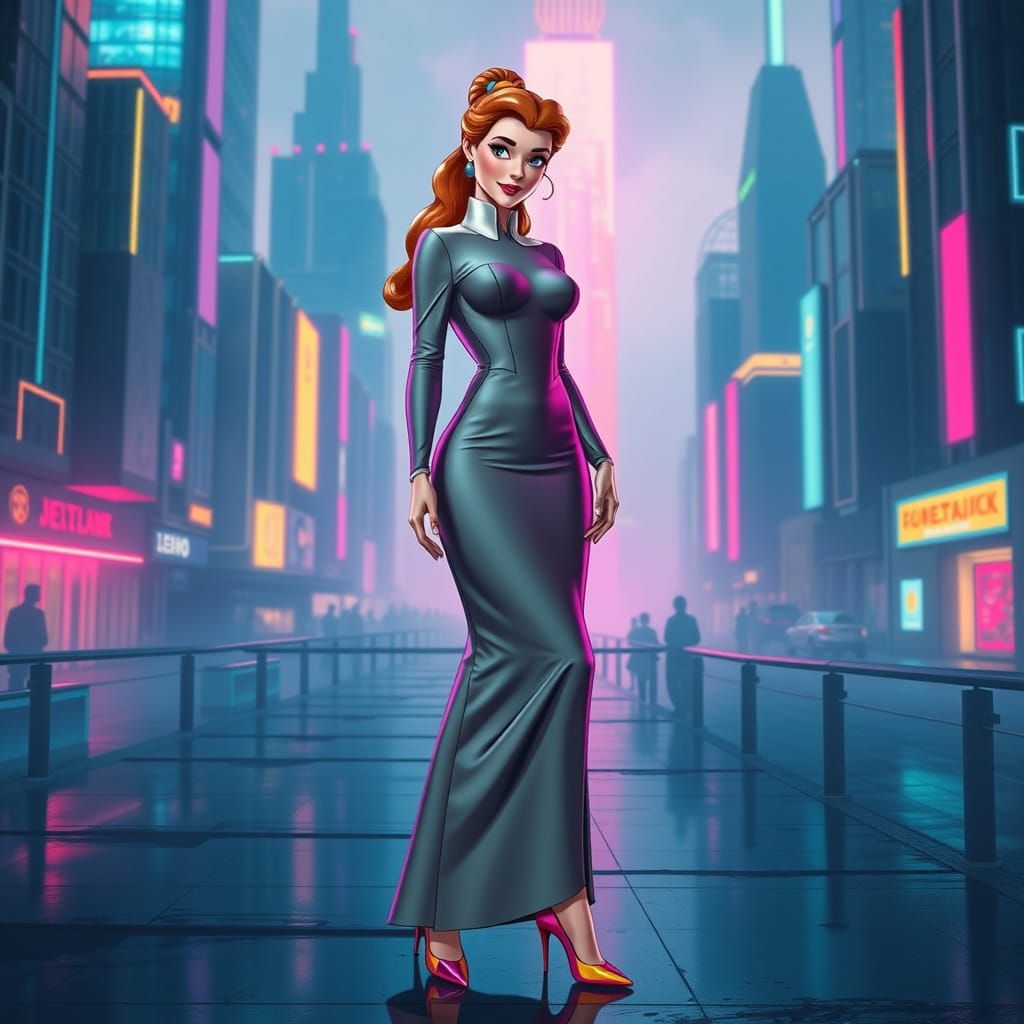 Cyberpunk Princess Belle in Dystopian Cityscape