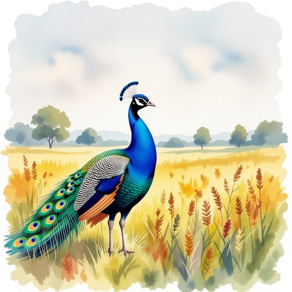 Handsome Peacock Standing Proud in Watercolor Style