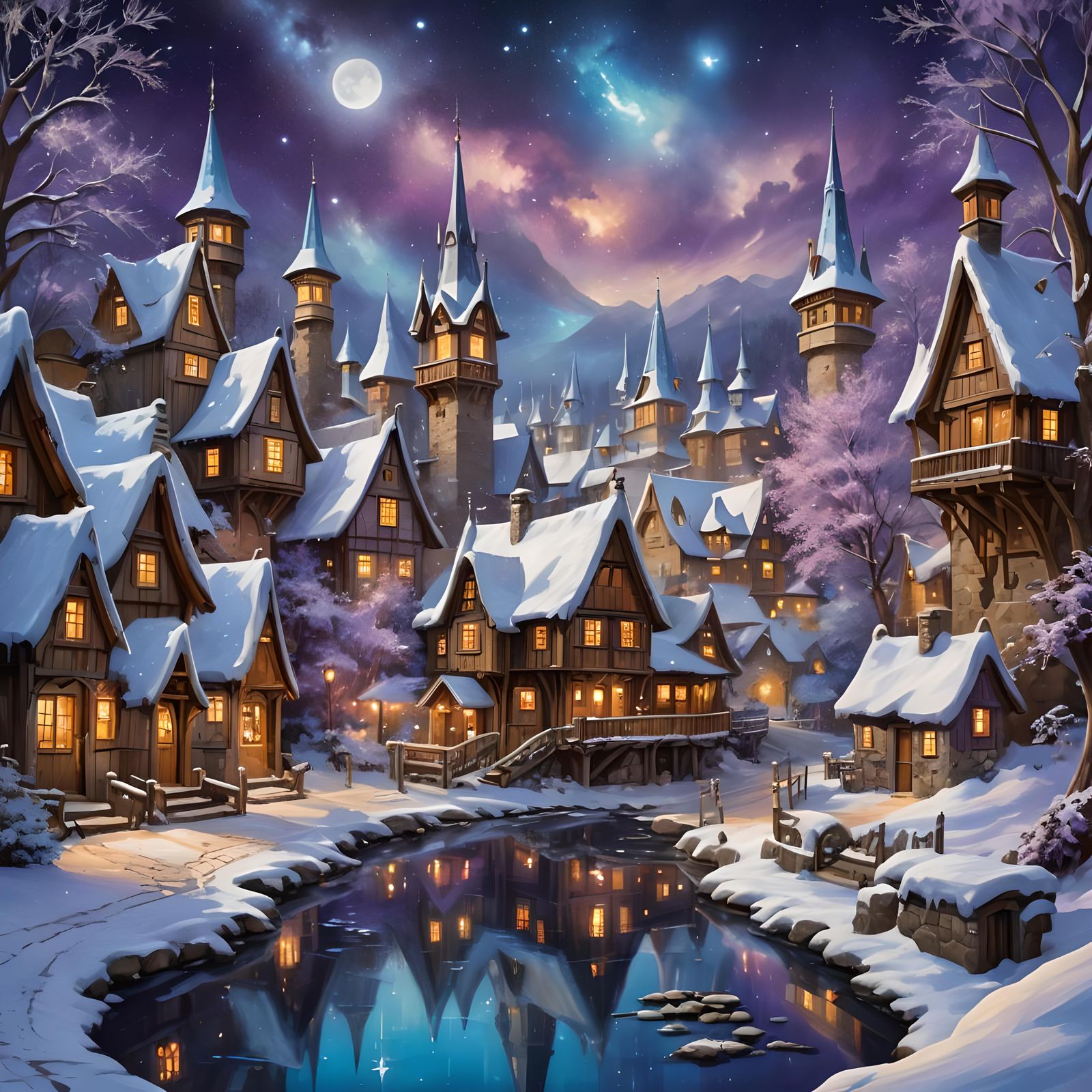 Fantastical Christmas Landscape with Stars in Matte Painting