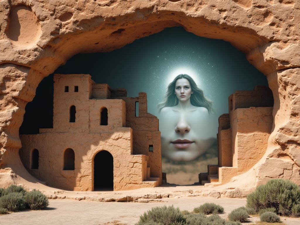Ancient Cliff Dwelling With Ancestral Spirit Double Exposure
