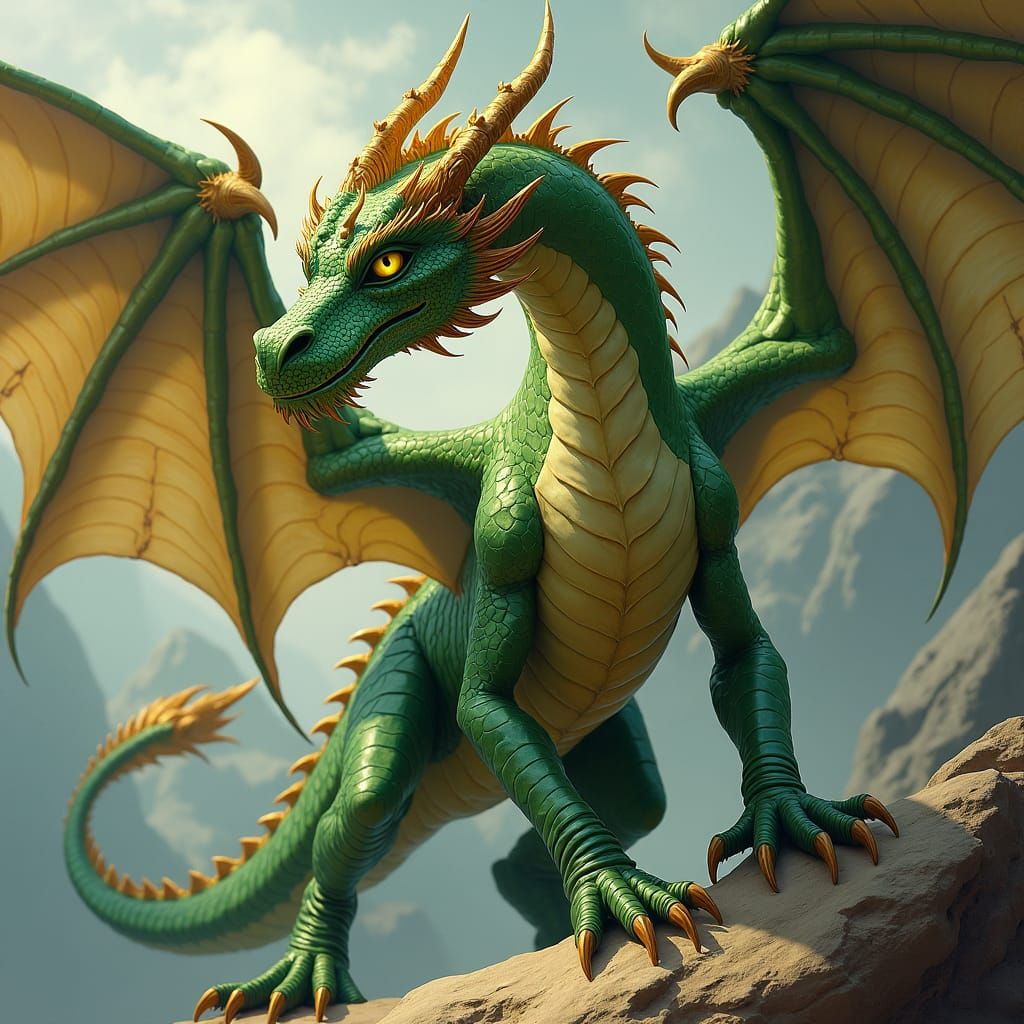 Magnificent Green and Gold Dragon in Fantasy Style