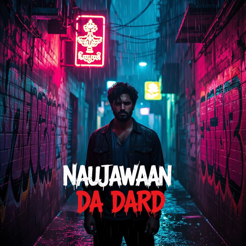 Determined Punjabi Man in Neon Alley