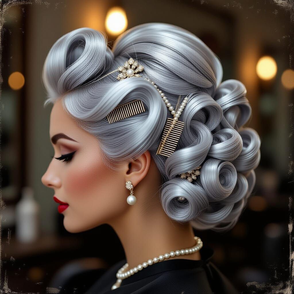 Voluminous Silver Hair Styled with Vintage Combs and Pearls