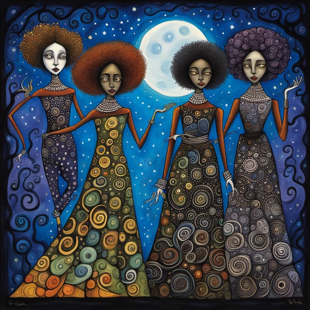 Three Melanin Women in a Mixed Artistic Style