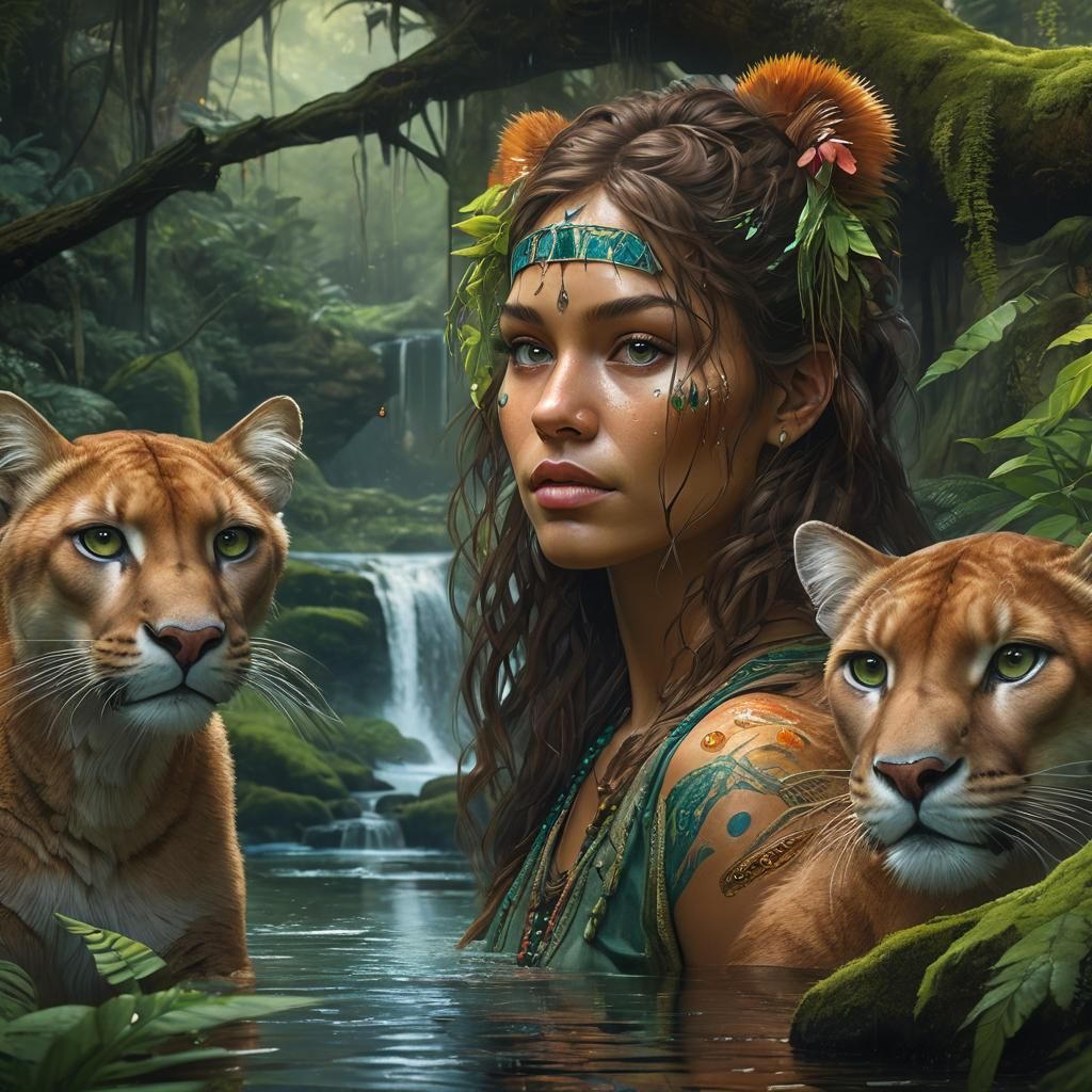 Lush Rainforest Scene with Indigenous Girl