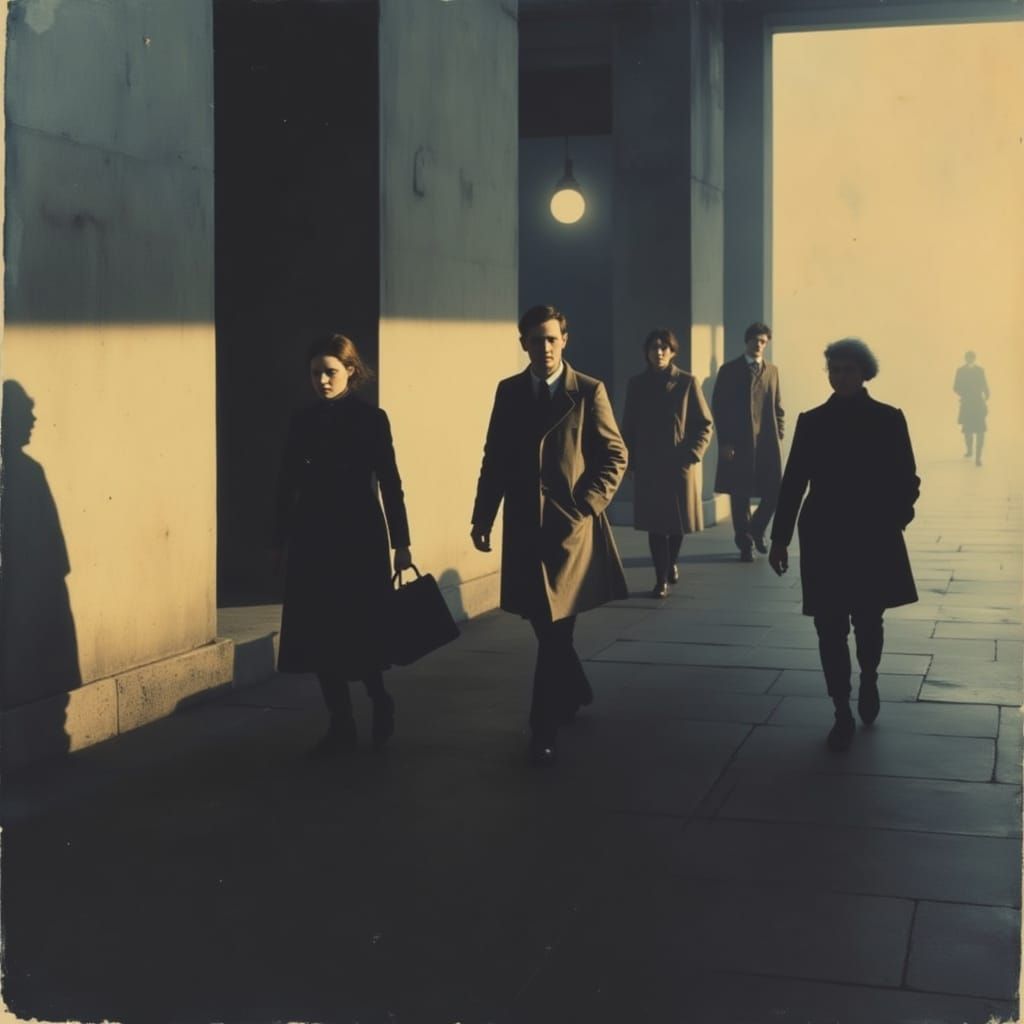 People Walking in City Streets with Soft Focus and Grainy Te...