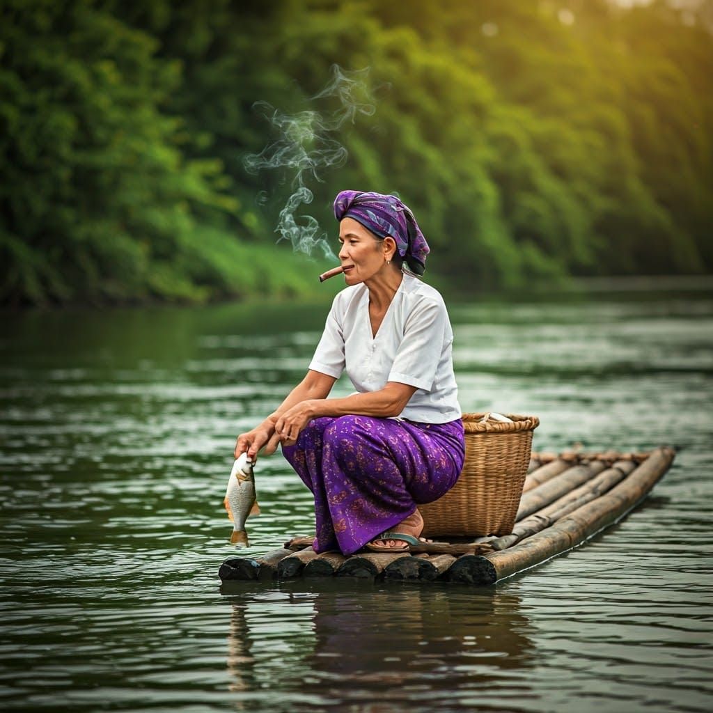 Elderly Myanmar Woman Fishing on Calm River