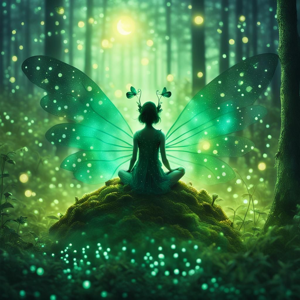 Fairy on Mushroom in Moonlit Forest, Surreal Light Art