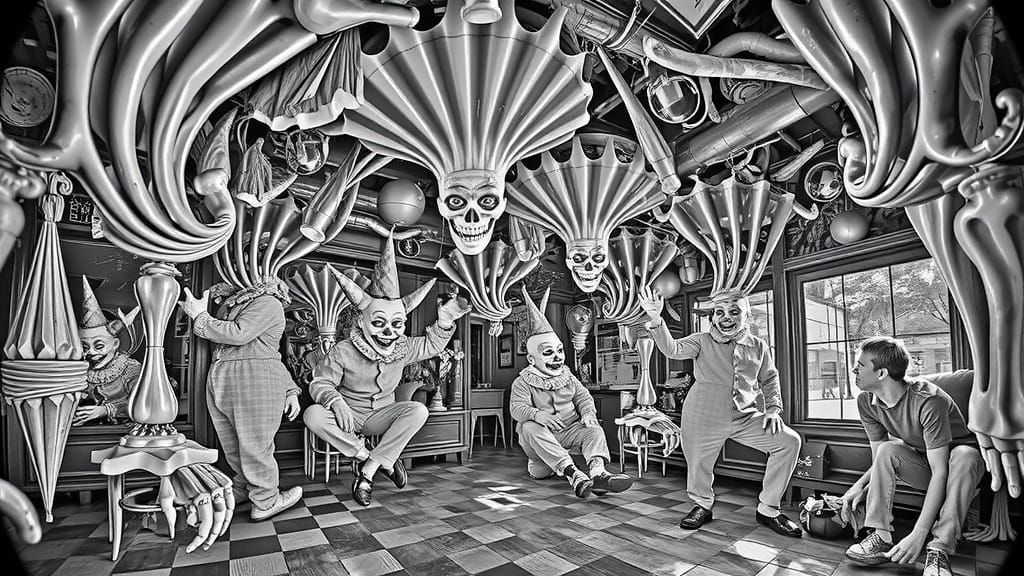 Creepy Clowns in Warped Funhouse, X-Ray Illusion Art