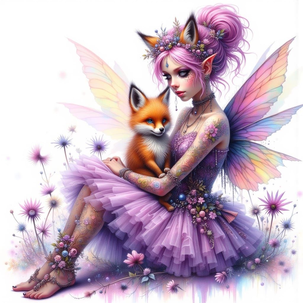 Fairy Punk Dryad with Fox Cub, Watercolor Style
