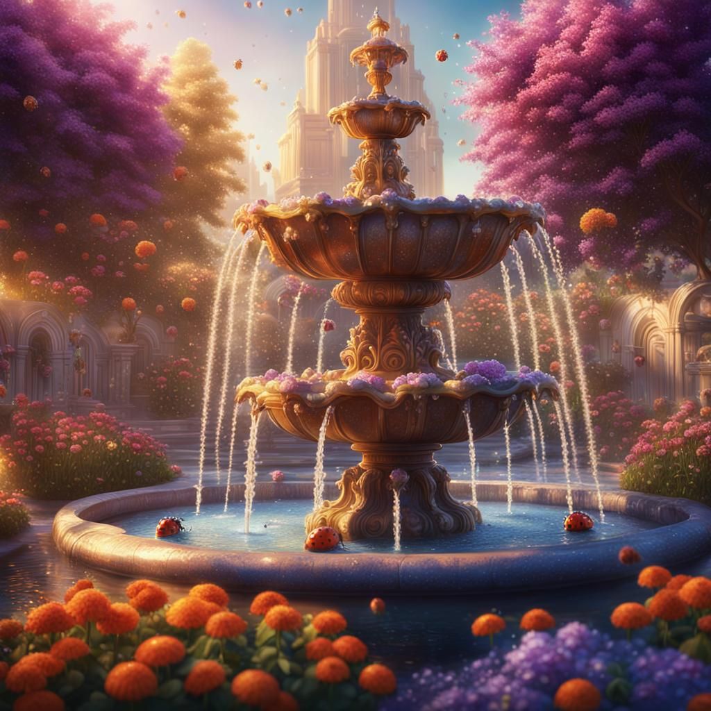 Fantasy Fountain with Flowers and Ladybugs