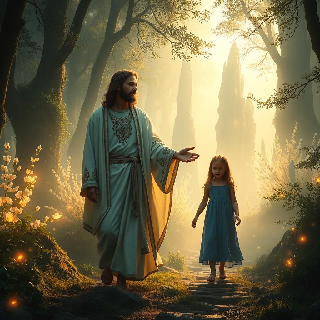 Jesus Guides a Girl Through Mystical Forest