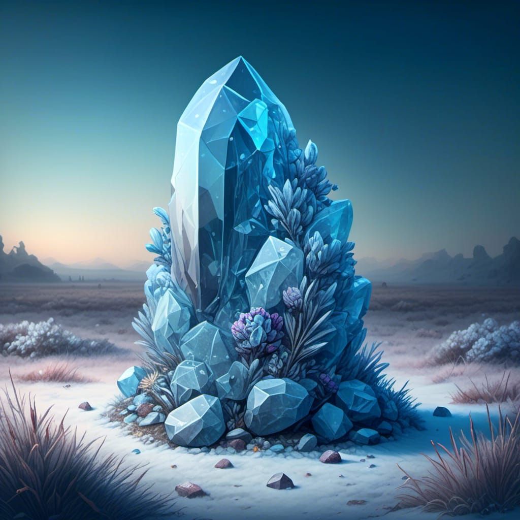 Icy Crystal Monolith in Moonlit Meadow