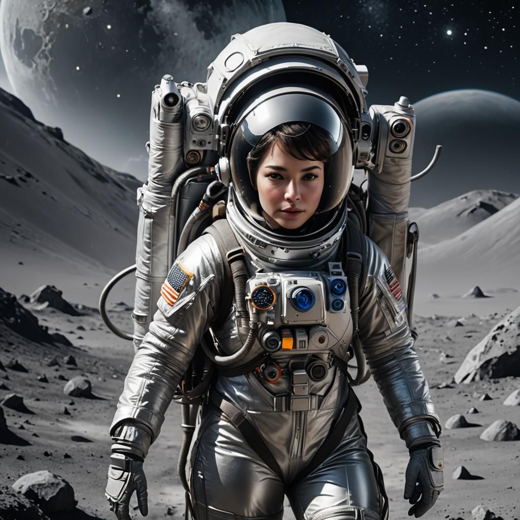 003 A beautiful female astronaut wearing a silver spacesuit on the moon.