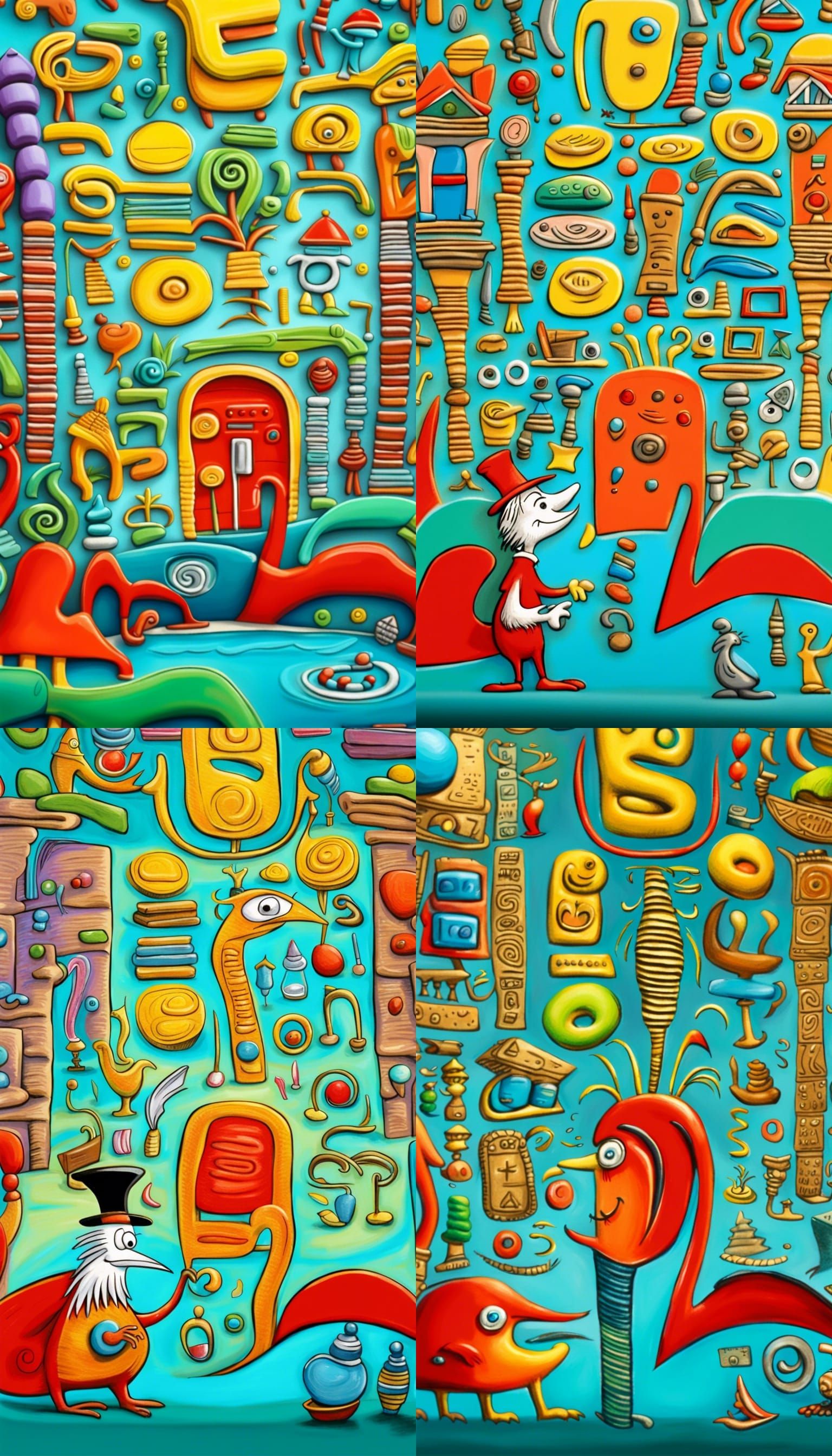 Dr. Seuss style illustration of hieroglyphics hyper detailed...