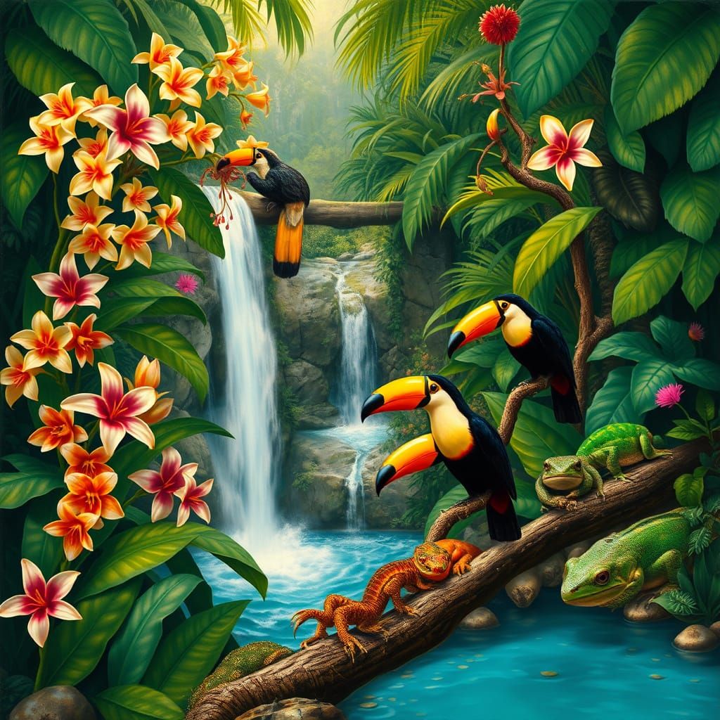 Sloth and Toucans in a Tropical Rainforest Painting