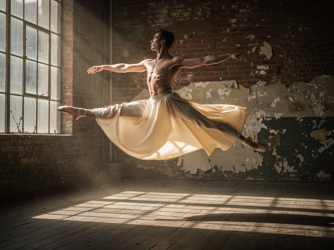 Male Ballet Dancer Leaping in Industrial Loft