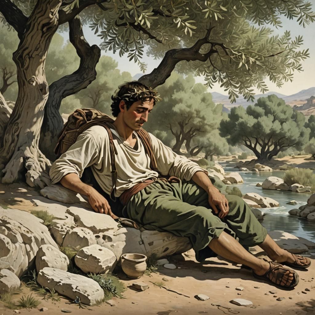 Ancient Greece: Traveler Napping Under Olive Tree