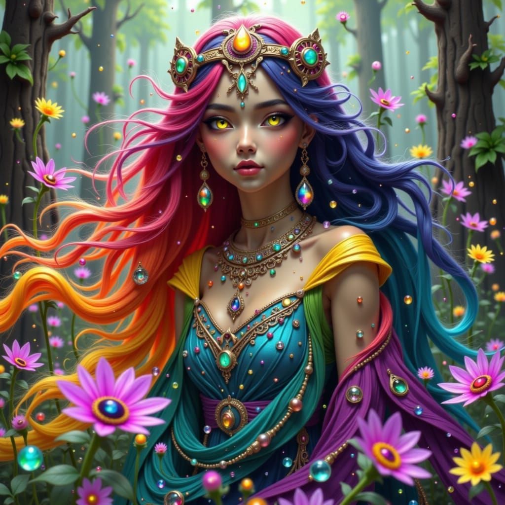 Goddess with Rainbow Hair in Art Nouveau Style