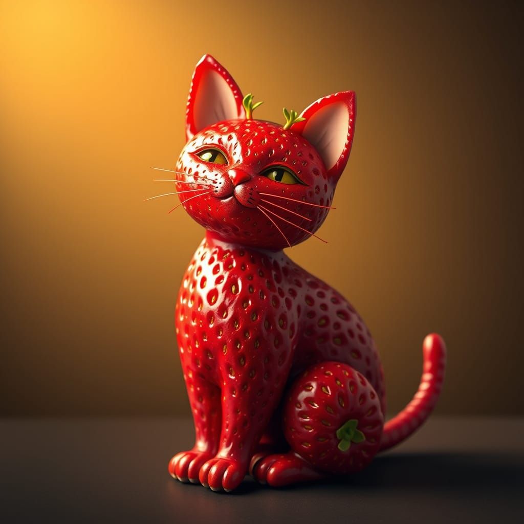 Whimsical Strawberry Cat Sculpture in Dreamlike Style