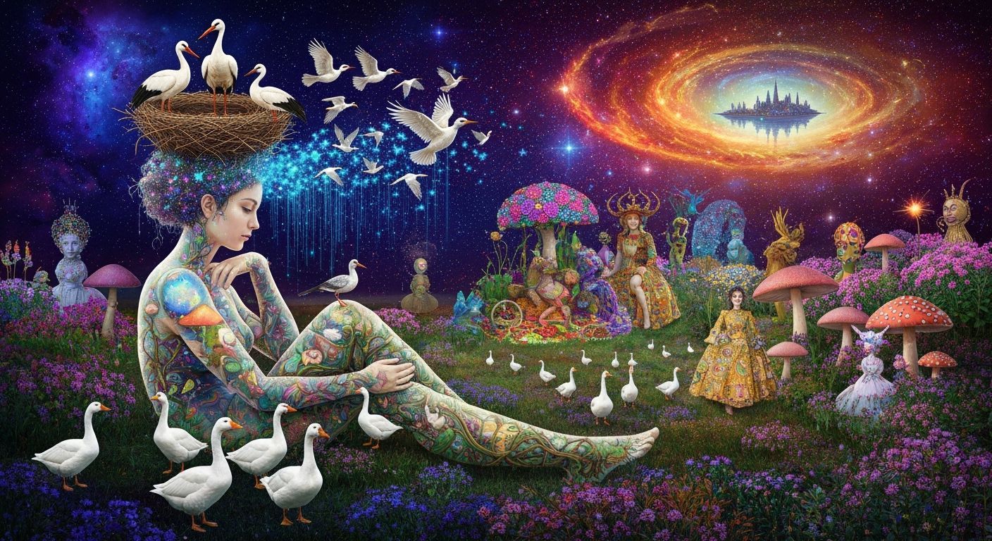 Ethereal Woman Transforms into Birds Amidst Cosmic Energy