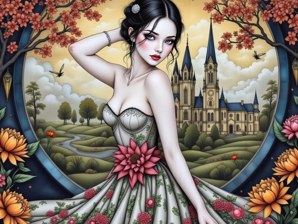 A Surreal Spring Goddess Blooms in a Castle Frame