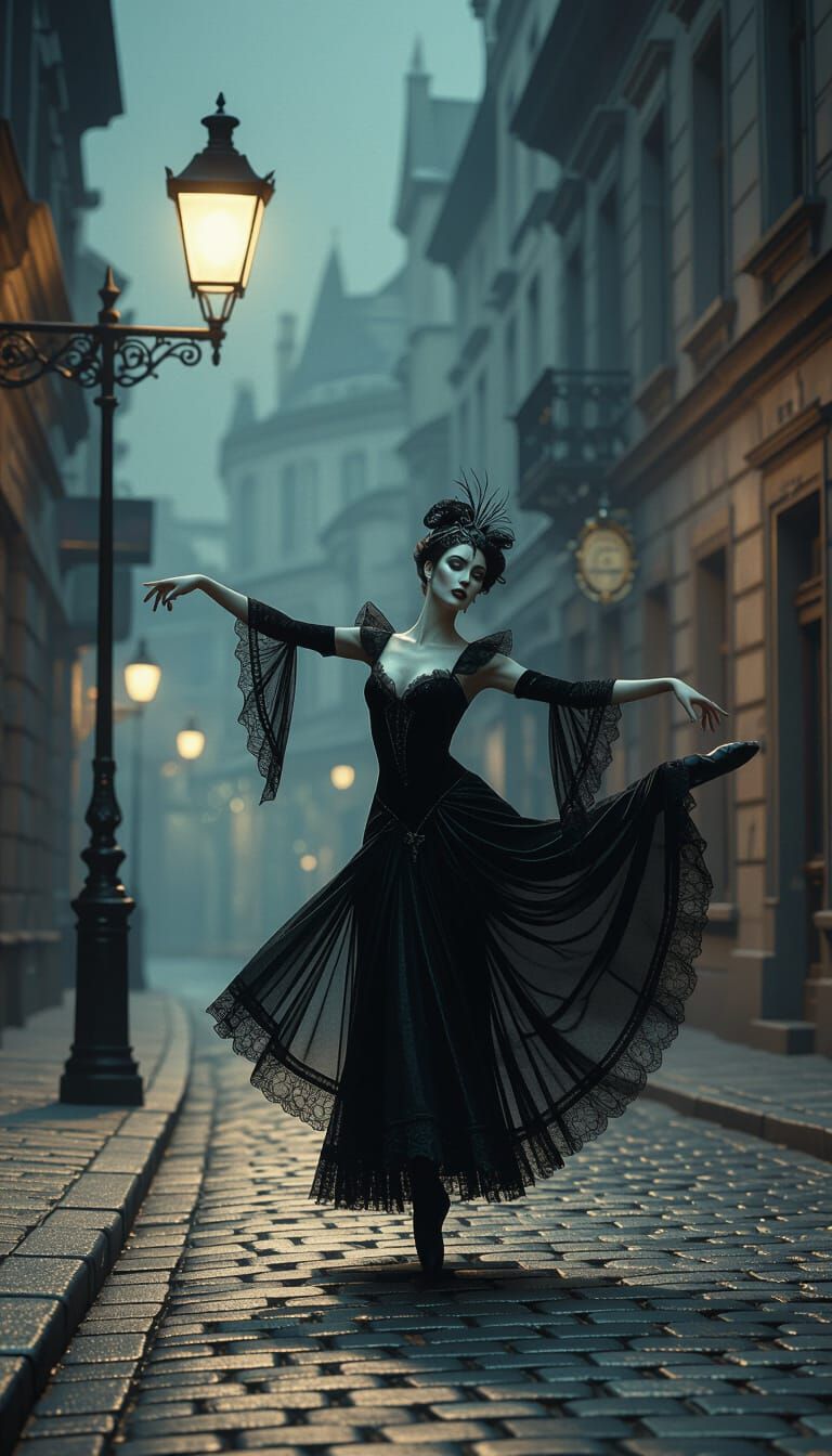 Spectral Dancer's Haunting Ballet on Cobblestone Street