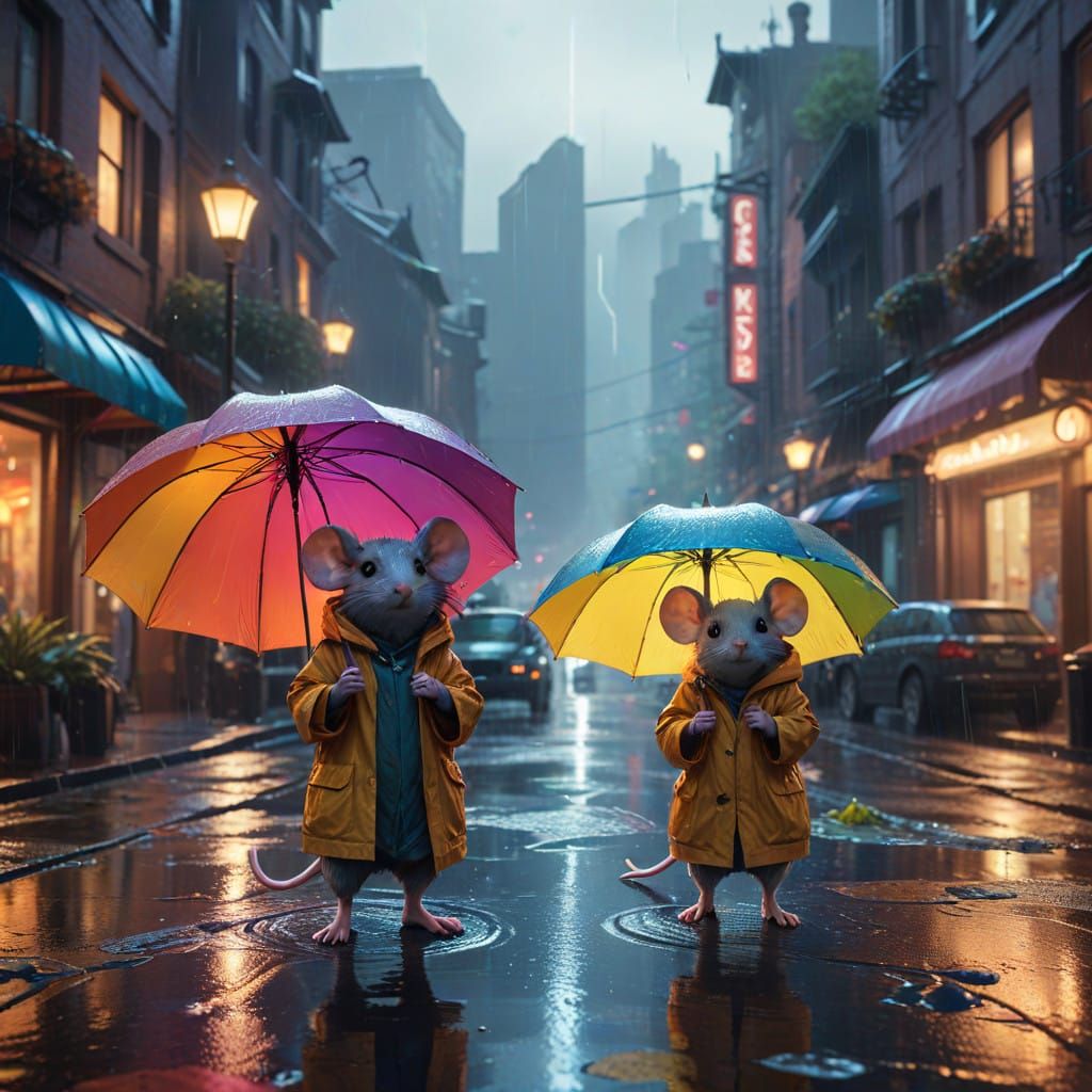 Mice in Miniature Raincoats Hold Rainbow Umbrellas Under Rai...