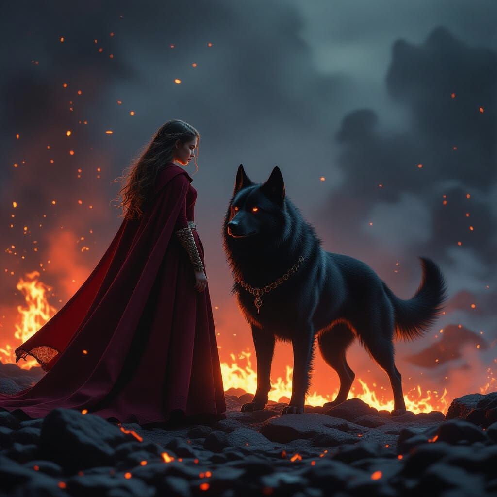 Girl and Hellhound on Molten Rocks