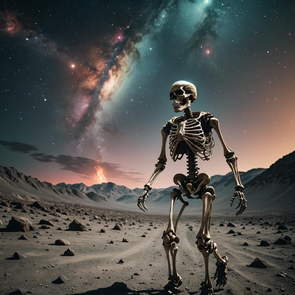Skeleton Astronaut Walks in Space: Cinematic Still
