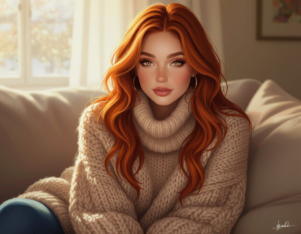 Young Woman Relaxing on Couch in Cozy Knit Sweater