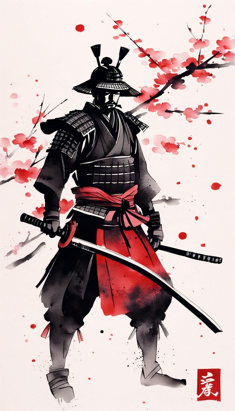Minimalist Samurai in Chinese Ink Painting Style