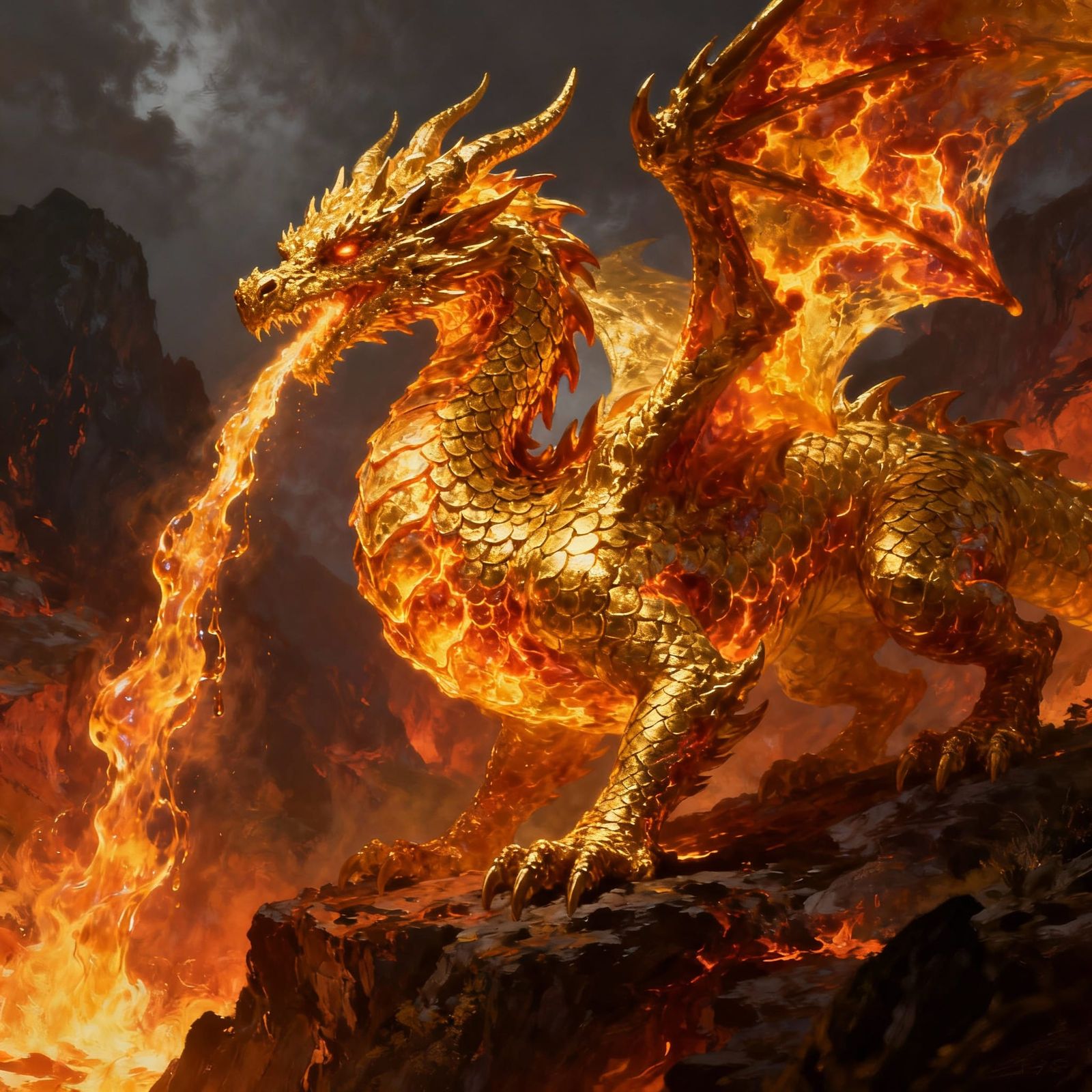 Majestic Gold Dragon Breathing Fire in Epic Landscape