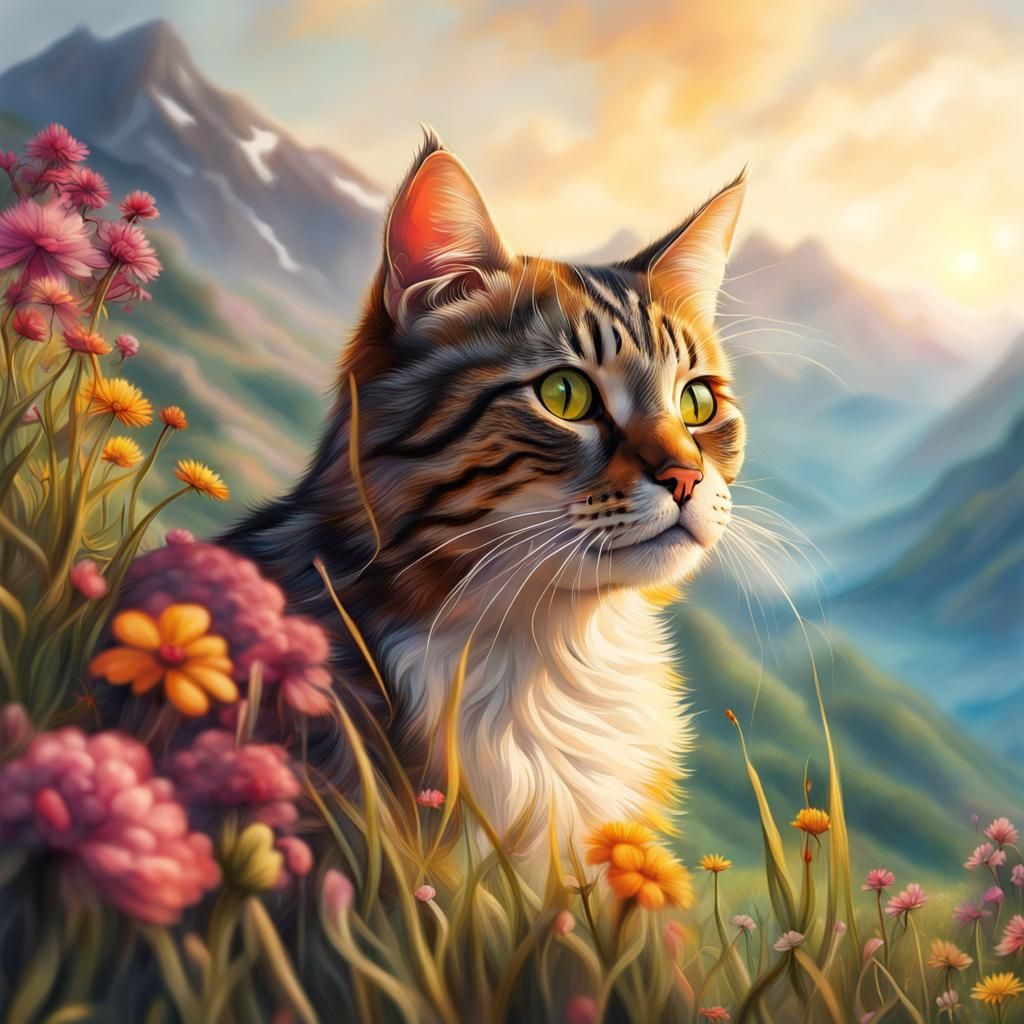 Hyperrealistic Cat in Swiss Summer Landscape