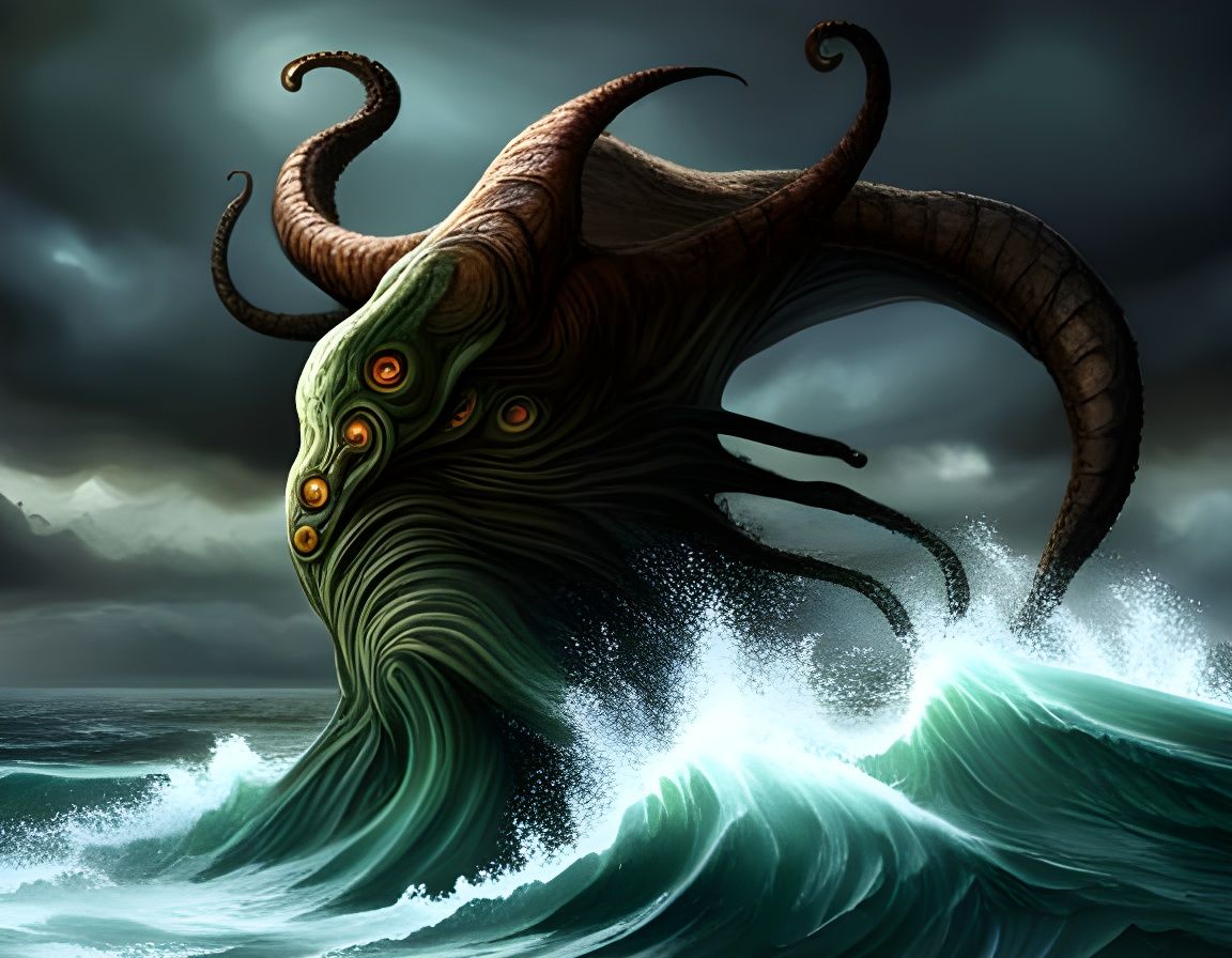 Storm at sea a seamonster is rising up