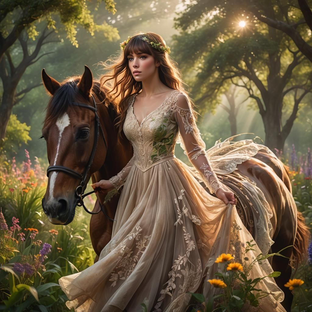 Girl on Horse in Lush Forest with Golden Light