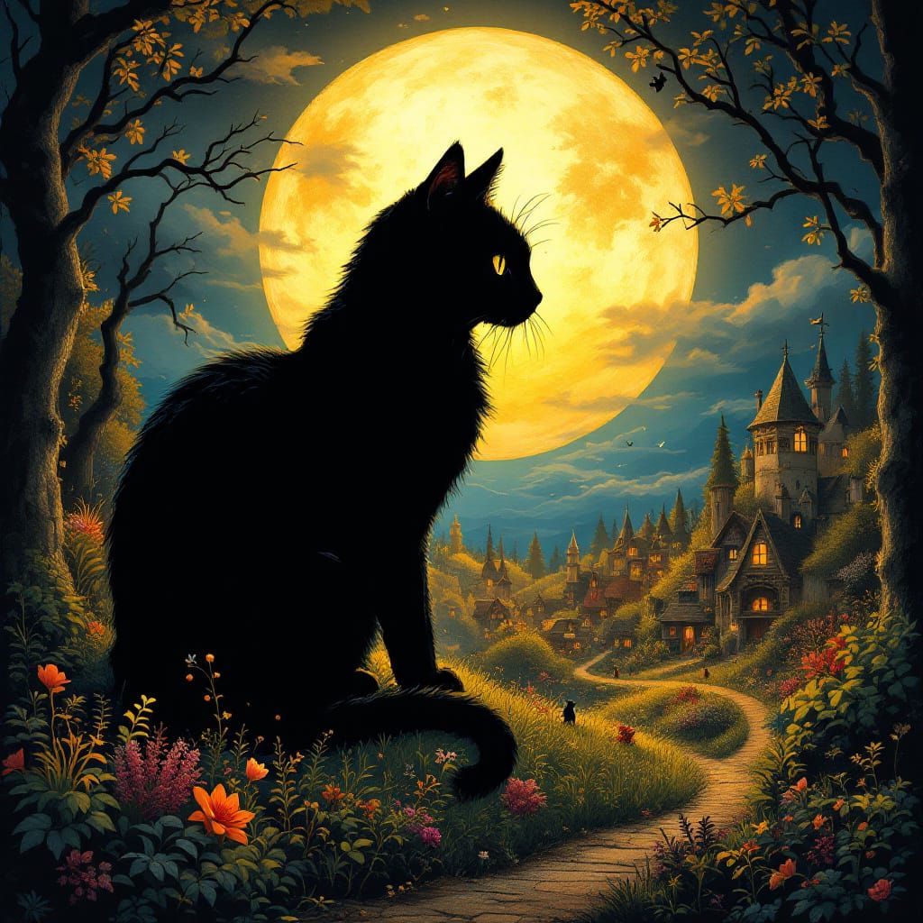 Black Cat Silhouette over Whimsical Mouse Village